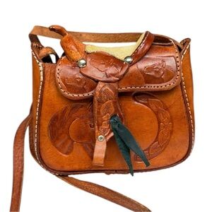 Vintage Brown Leather Horse Saddle Mini Bag 1970s Mexico Hand Tooled Saddle Bag